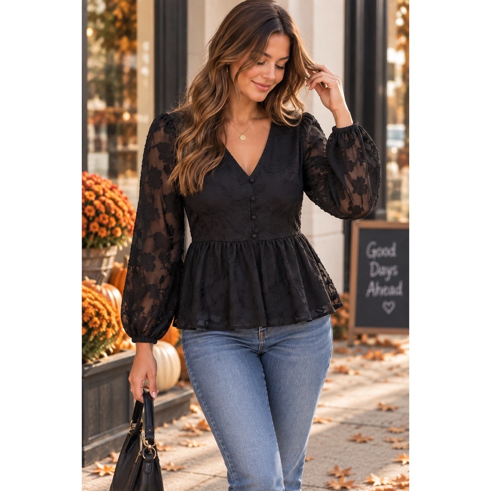 Torrid Black Burnout Floral Peplum Top Long Sleeve V-Neck Blouse Size 0 Large